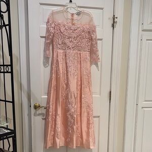 Embroidered Illusion Yoke Midi Dress in Blush Pink